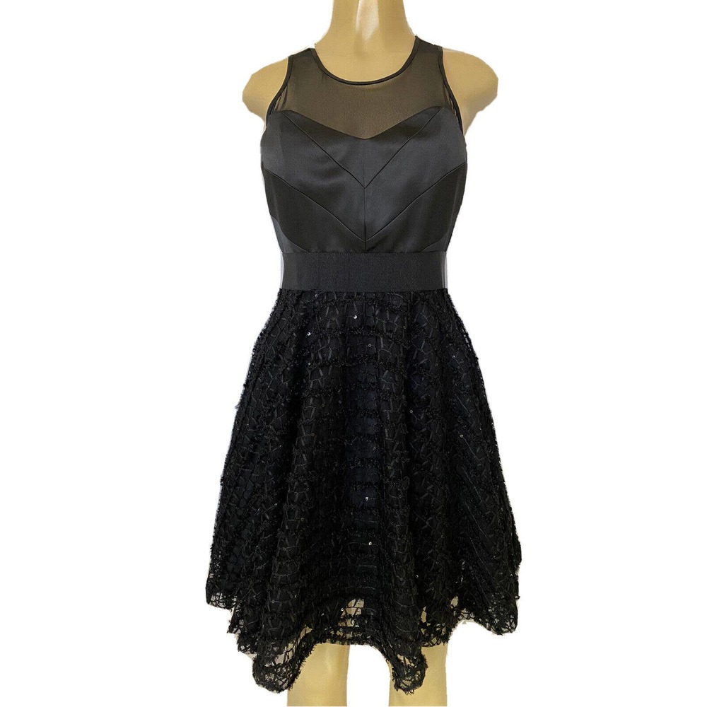 Milly Dress Mesh Satin Lace Sleeveless Fit Flare Black Round Neck Back Z…